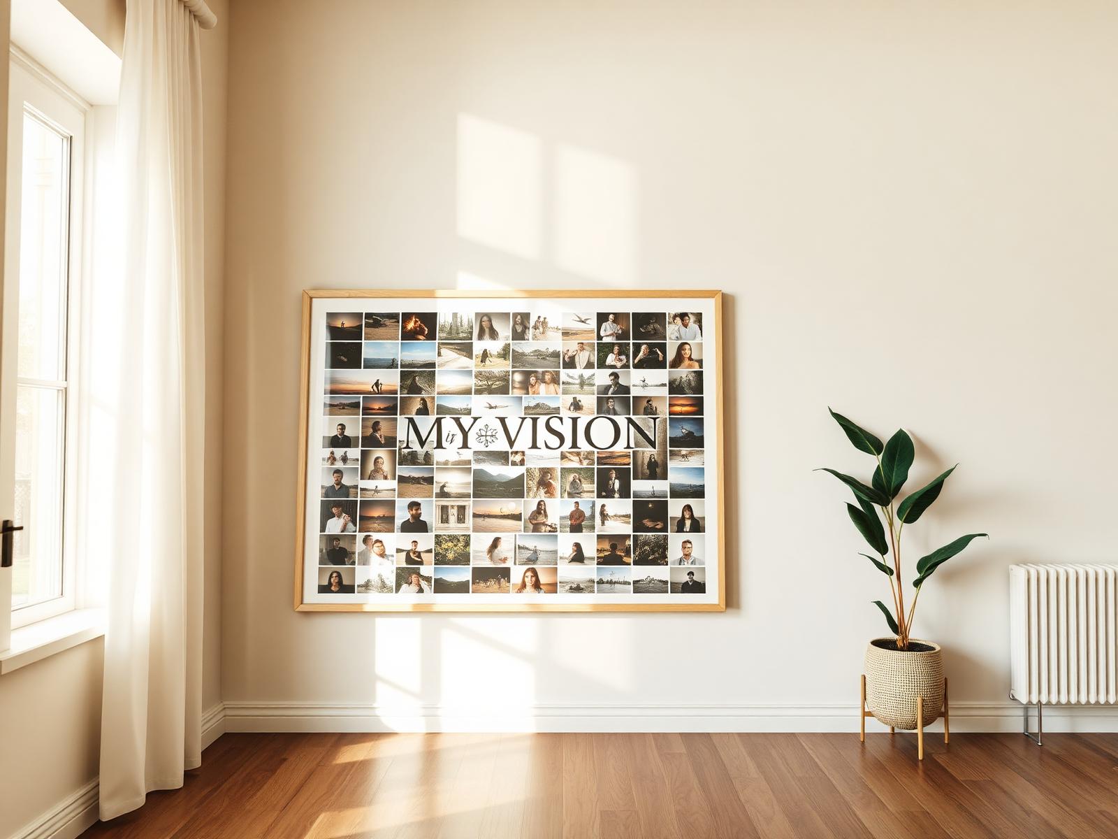 A finished museum-quality vision board print hanging on an ivory wall